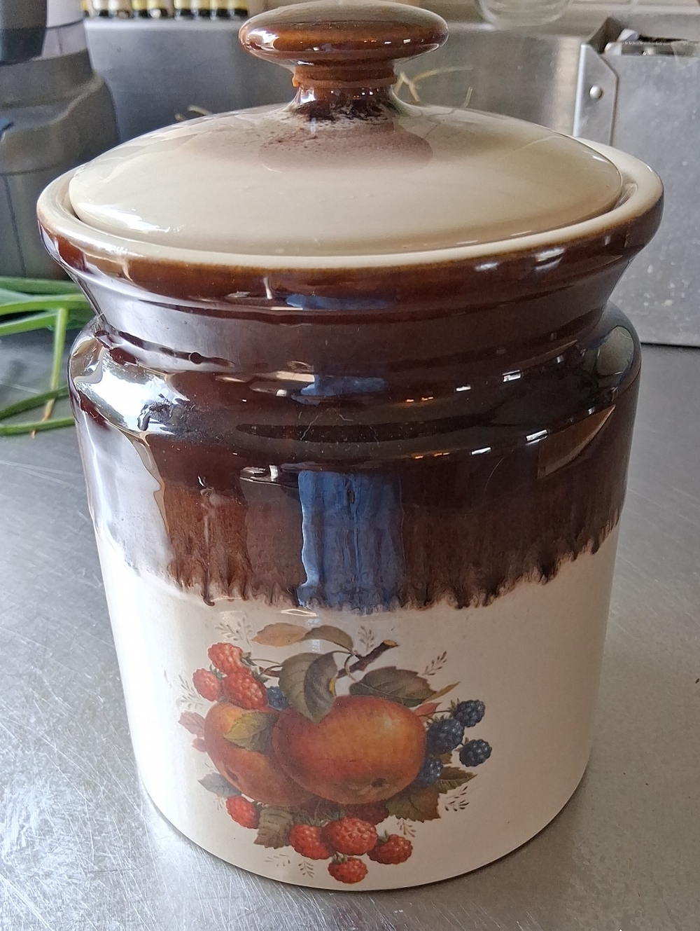 Vintage Canada Ceramic Fruit Canister with Brown Glaze Lid